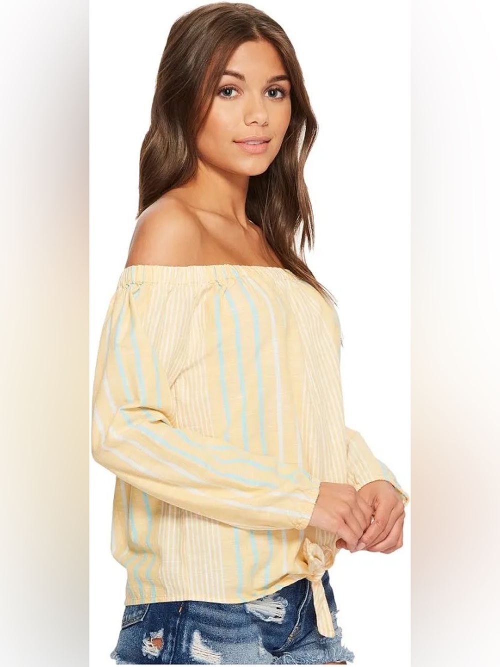 Roxy Yellow and Light Blue Striped Off-Shoulder Tie Front Top